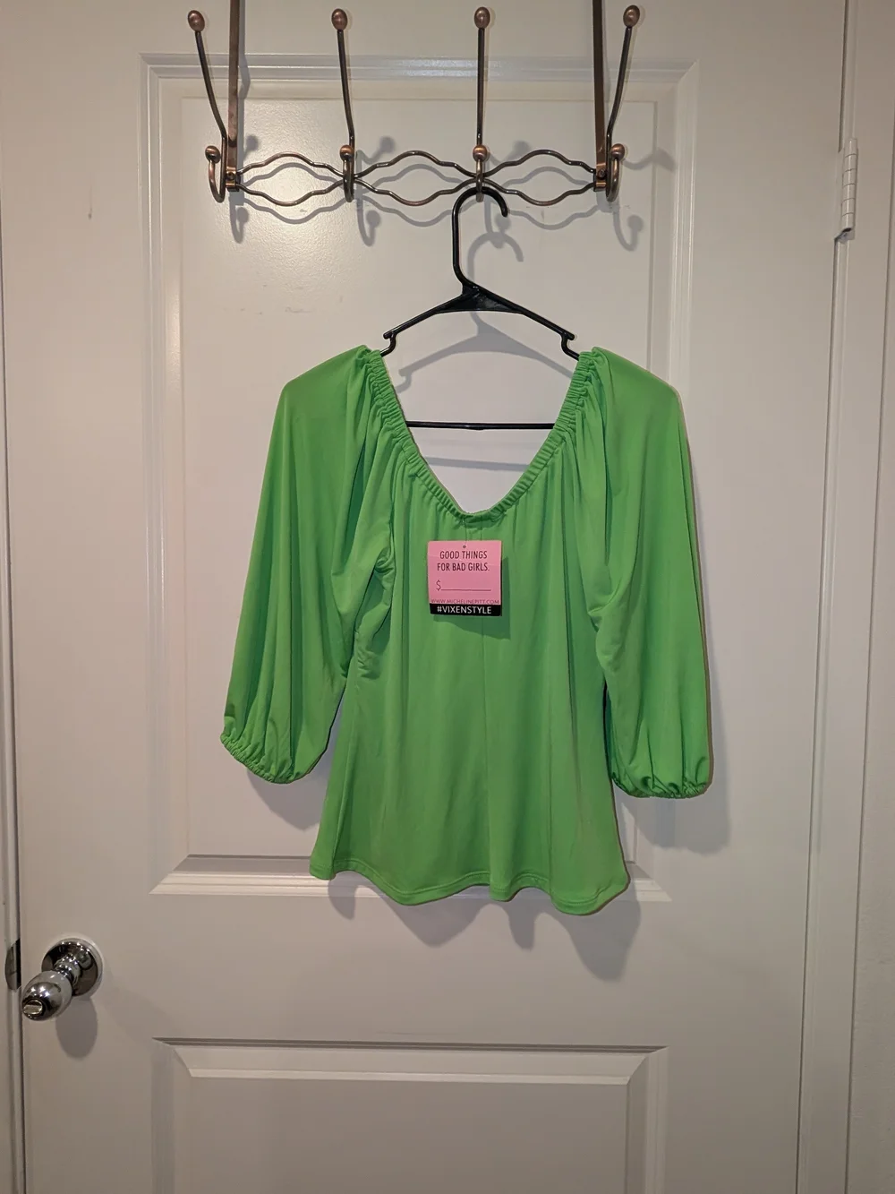 RARE Vixen by Micheline Pitt Slime Green Peasant Blouse - Picture 3 of 3
